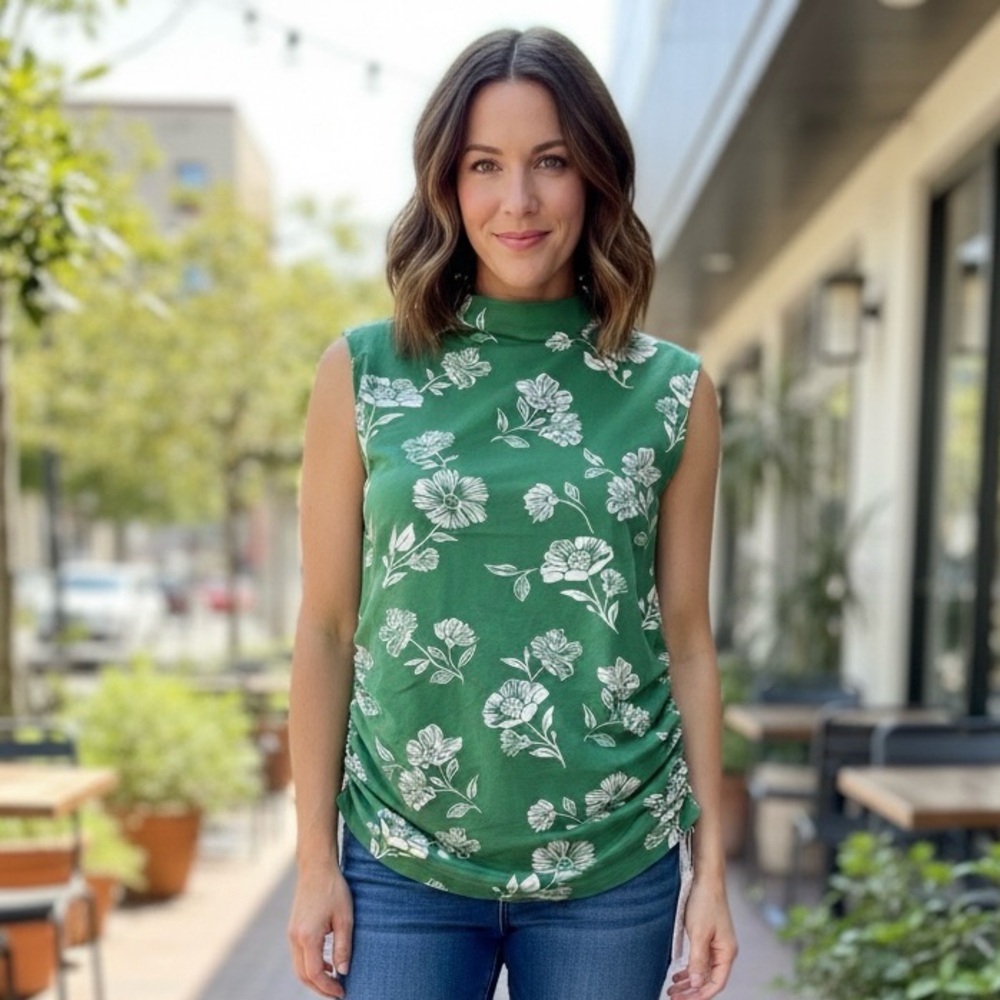 Anthropologie Maeve Ruched Green Floral Mock Neck Top Size Large